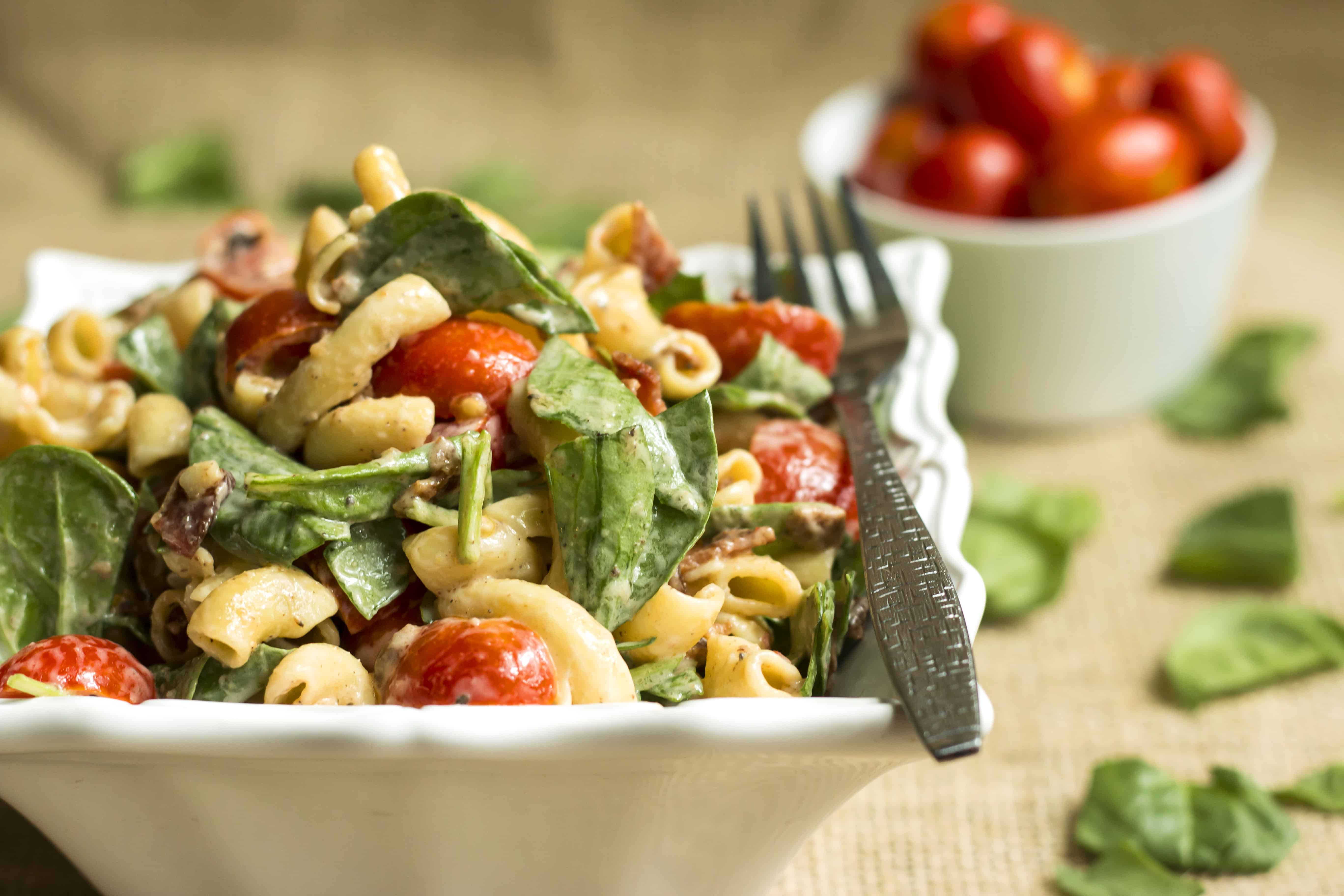 BLT Pasta Salad with Spinach | A healthy, gluten-free lunch recipe.