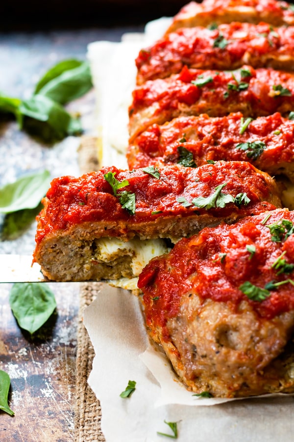 Pesto & Mozzarella Stuffed Meatloaf | Gluten Free Ground Turkey Meatloaf