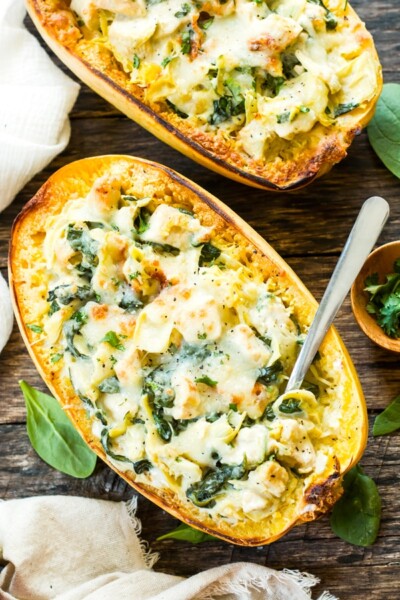 Spinach Artichoke Spaghetti Squash Boats with Chicken | Low-Carb