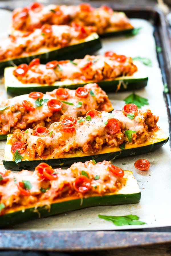 Pizza Zucchini Boats with Pepperoni and Sausage Low-Carb