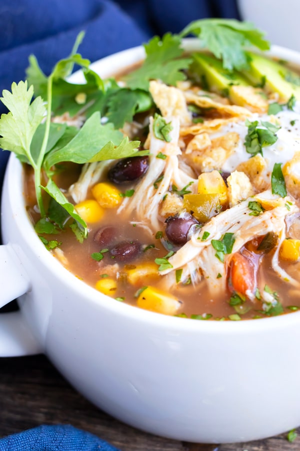 A big bowl of Crock-Pot chicken tortilla soup with corn, tomatoes, black beans, and cilantro on top.