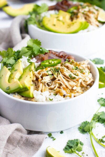 Slow Cooker Shredded Chicken Burrito Bowl - Evolving Table