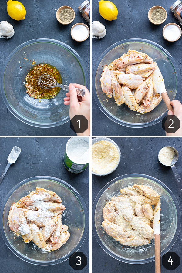 Four images showing how to bake garlic parmesan chicken wings.