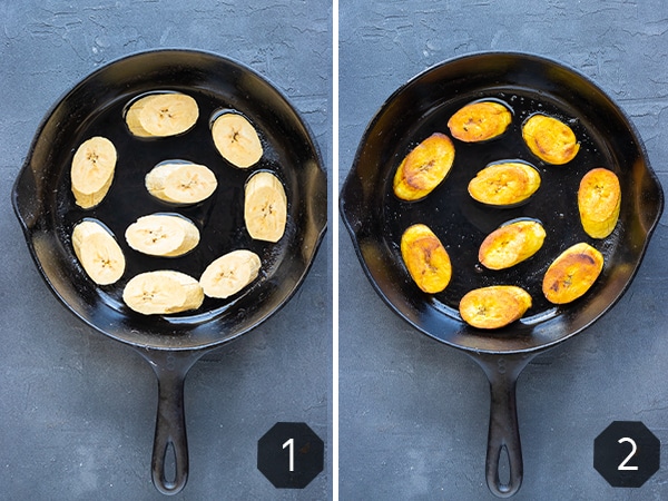 Two images demonstrating how to cook and fry plantains in a cast-iron skillet.