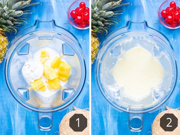 Two images showing how to make a pina colada in a vitamix or blender at home.