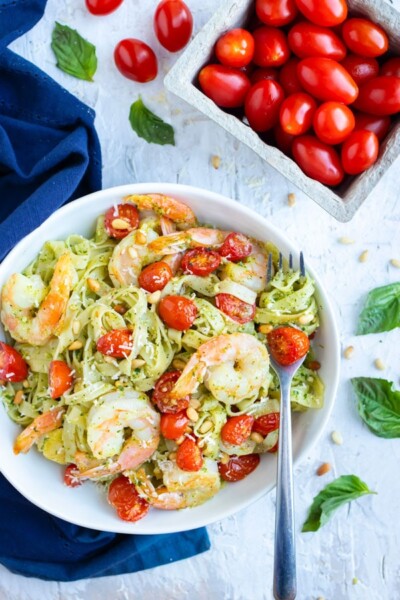 Shrimp Pesto Pasta with Roasted Tomatoes - Evolving Table