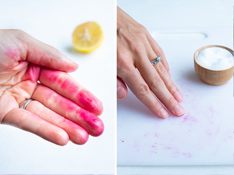 Instructional pictures show tips for removing stains from counter or skin.