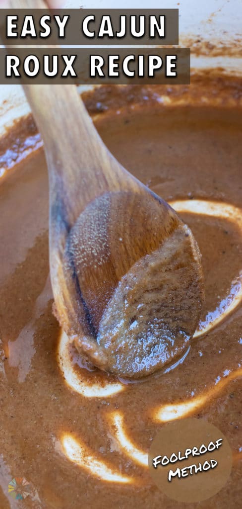 A wooden spoon is used to mix the roux.