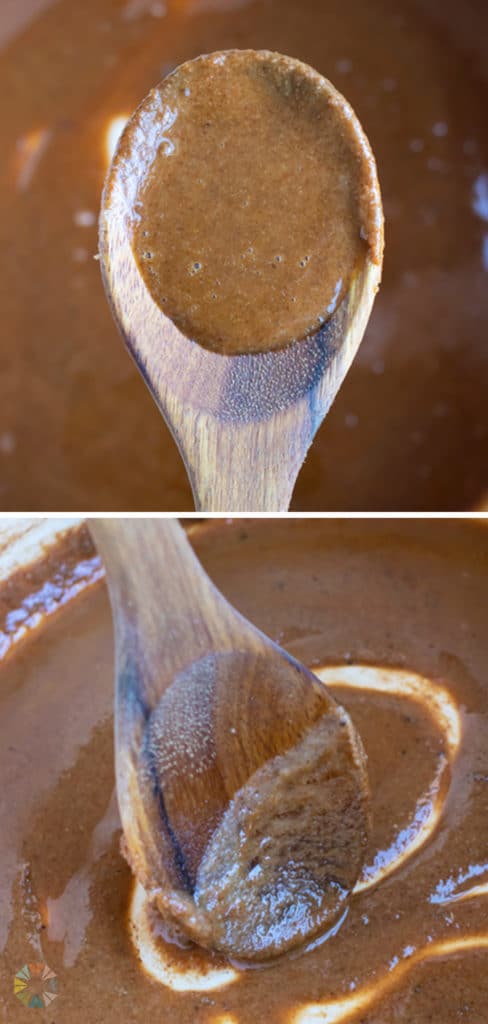 A light brown roux is stirred with a wooden spoon.