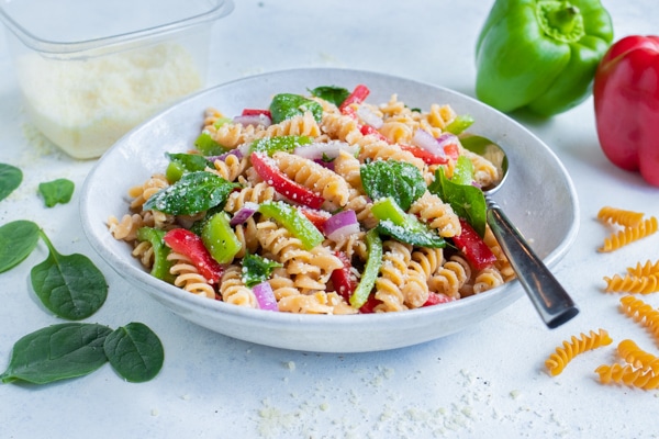 Italian Dressing Pasta Salad with Parmesan - Evolving Table