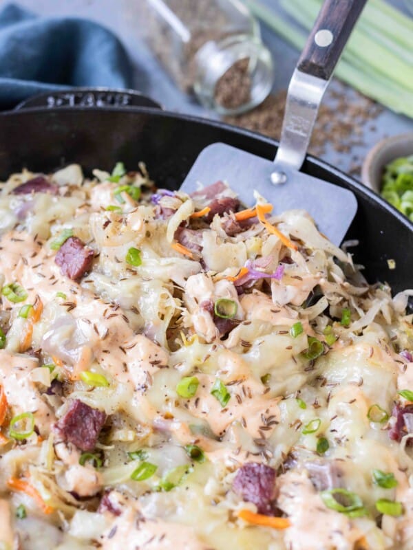 Reuben in a bowl is eaten for a keto meal.