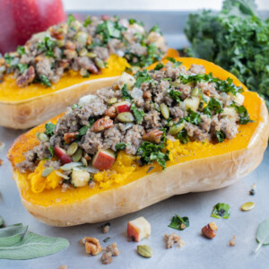 Sausage & Sage Stuffed Butternut Squash - Evolving Table