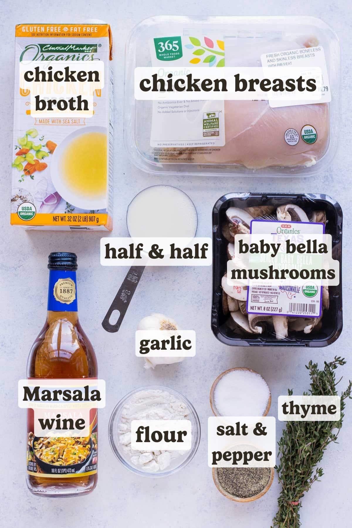 Chicken breasts, mushrooms, milk, broth, flour, marsala wine, salt, garlic, butter, and seasonings are the ingredients for this recipe.