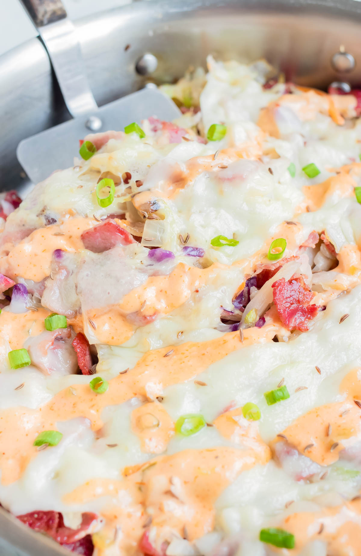 Reuben in a bowl is eaten for a keto meal.