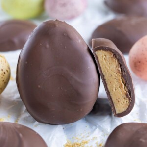 Peanut butter eggs are shown on the counter for a homemade Easter treat.