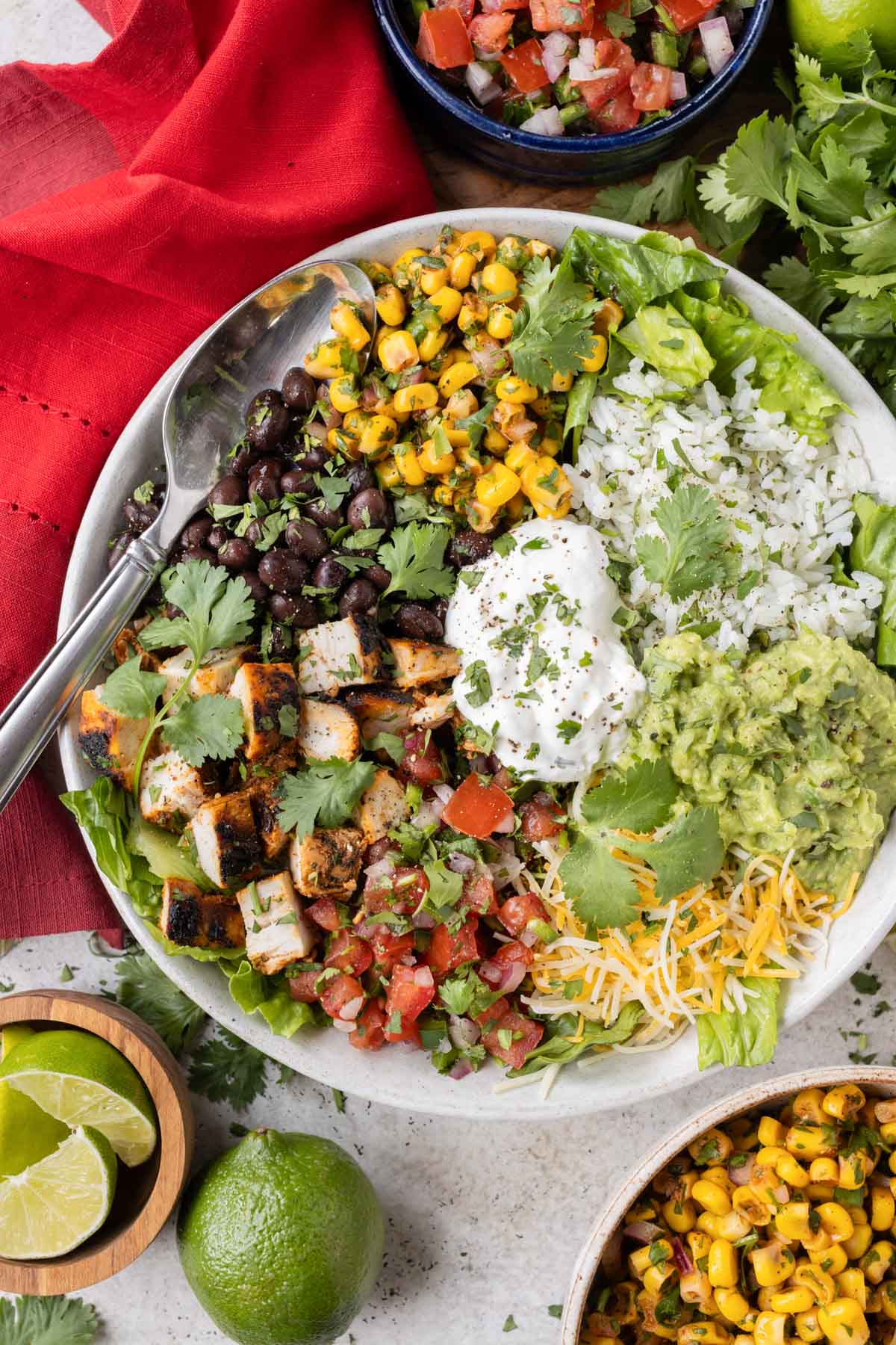 A copycat Chipotle burrito bowl with cilantro lime rice.