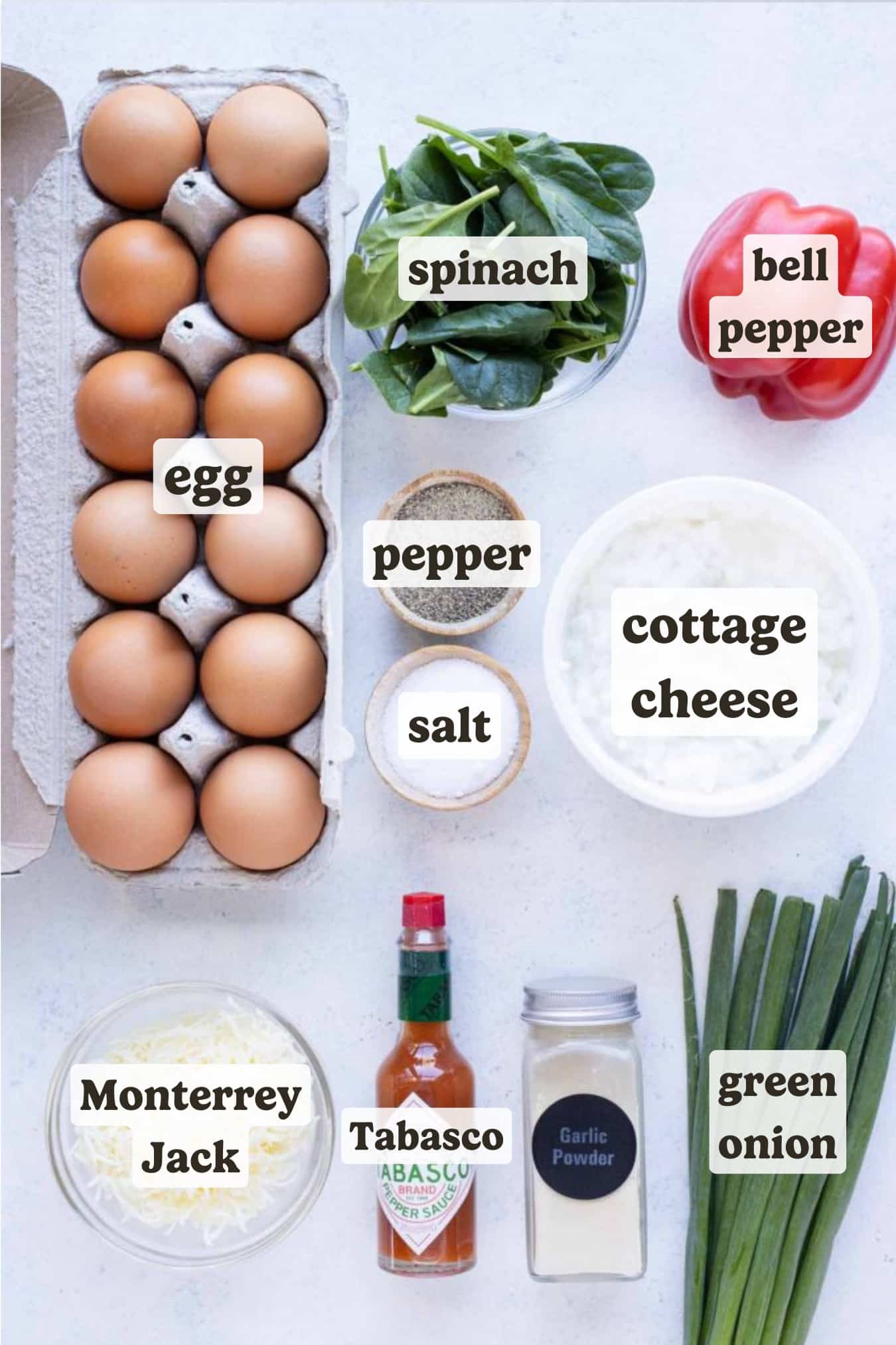 Egg whites, cottage cheese, shredded cheese, bell peppers, spinach, green onions, and seasonings are the ingredients for this recipe.