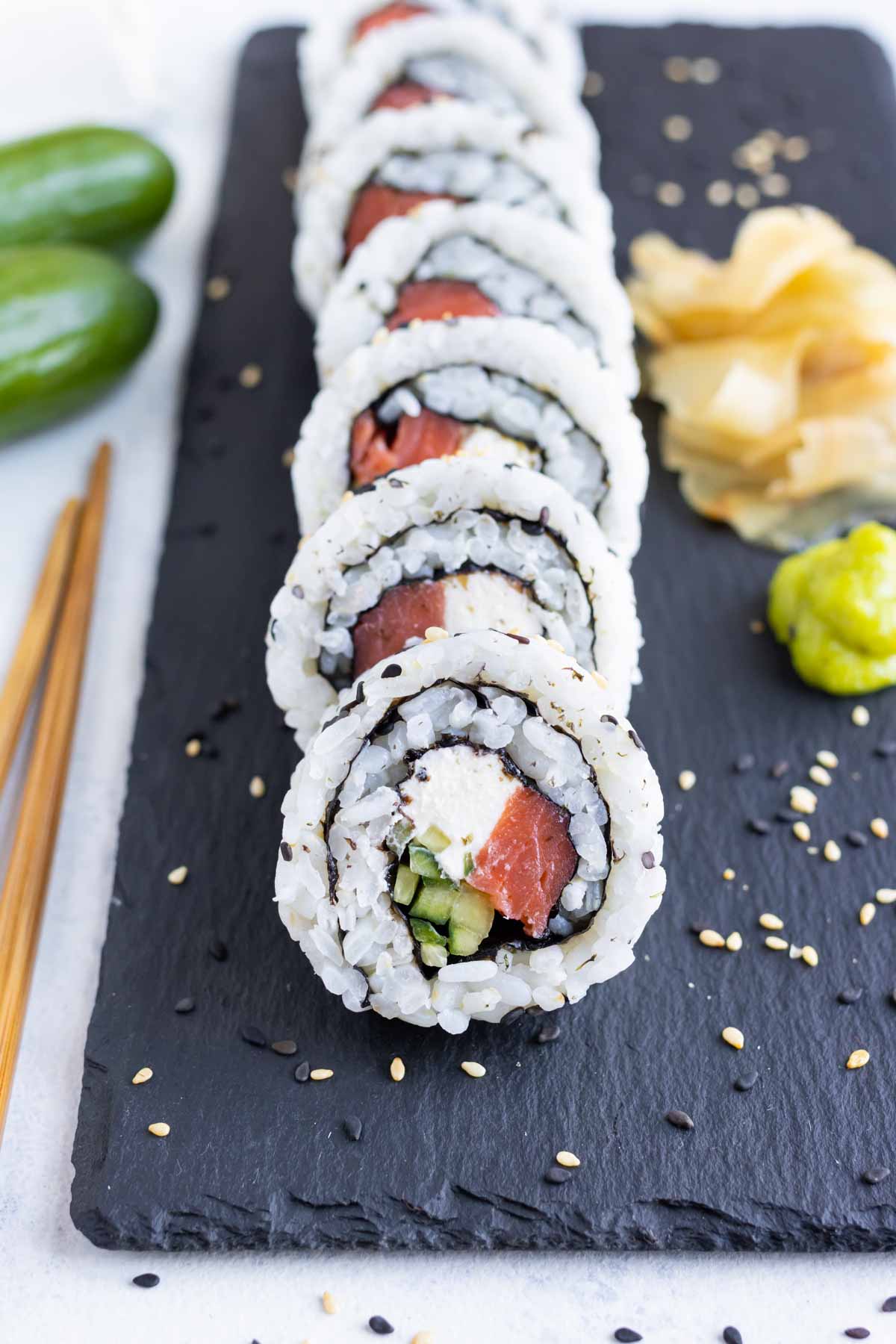 Sushi set featuring sushi, roll, and salmon