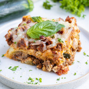 You can see healthy layers of zucchini, meat sauce, and cheese.