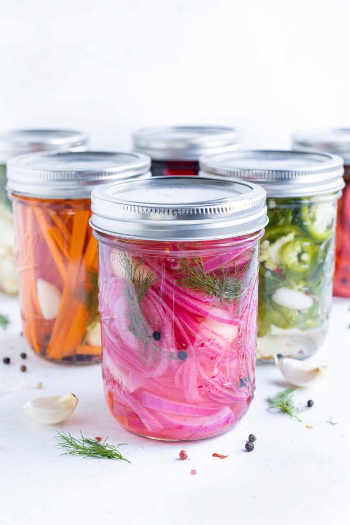 Jars of healthy and homemade pickled vegetables.