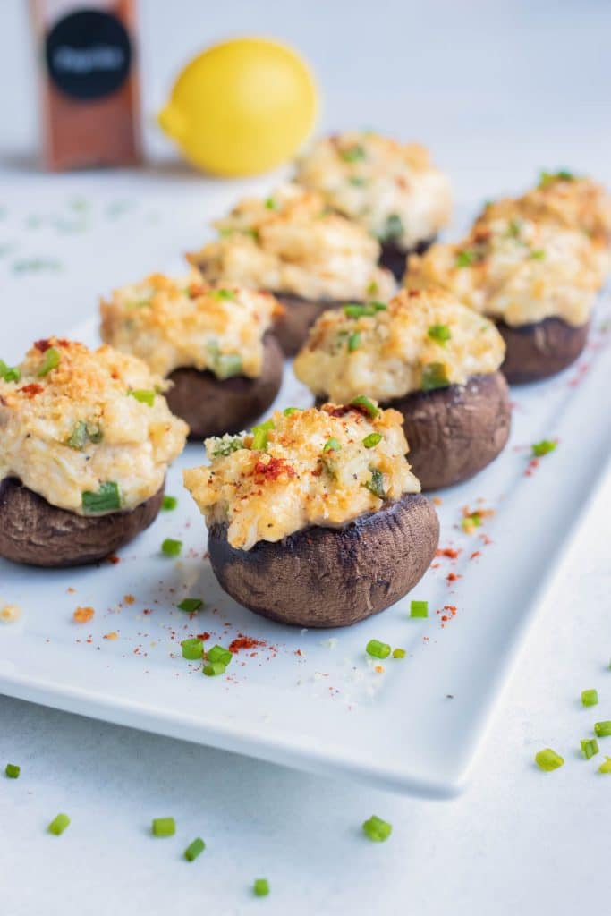 Low-carb mushroom recipe is served for an appetizer at a holiday party.