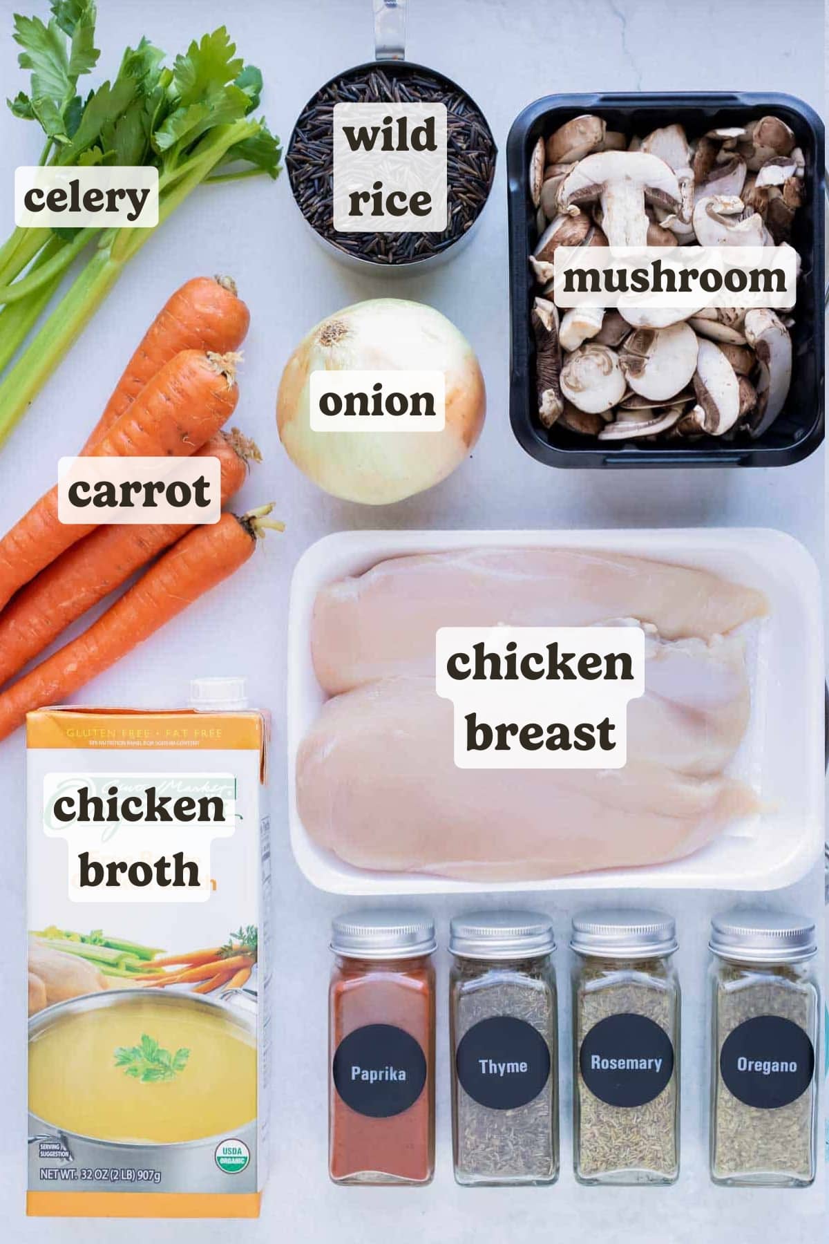 Chicken, broth, mushrooms, wild rice, onions, carrots, celery, and seasonings are the ingredients in this soup.