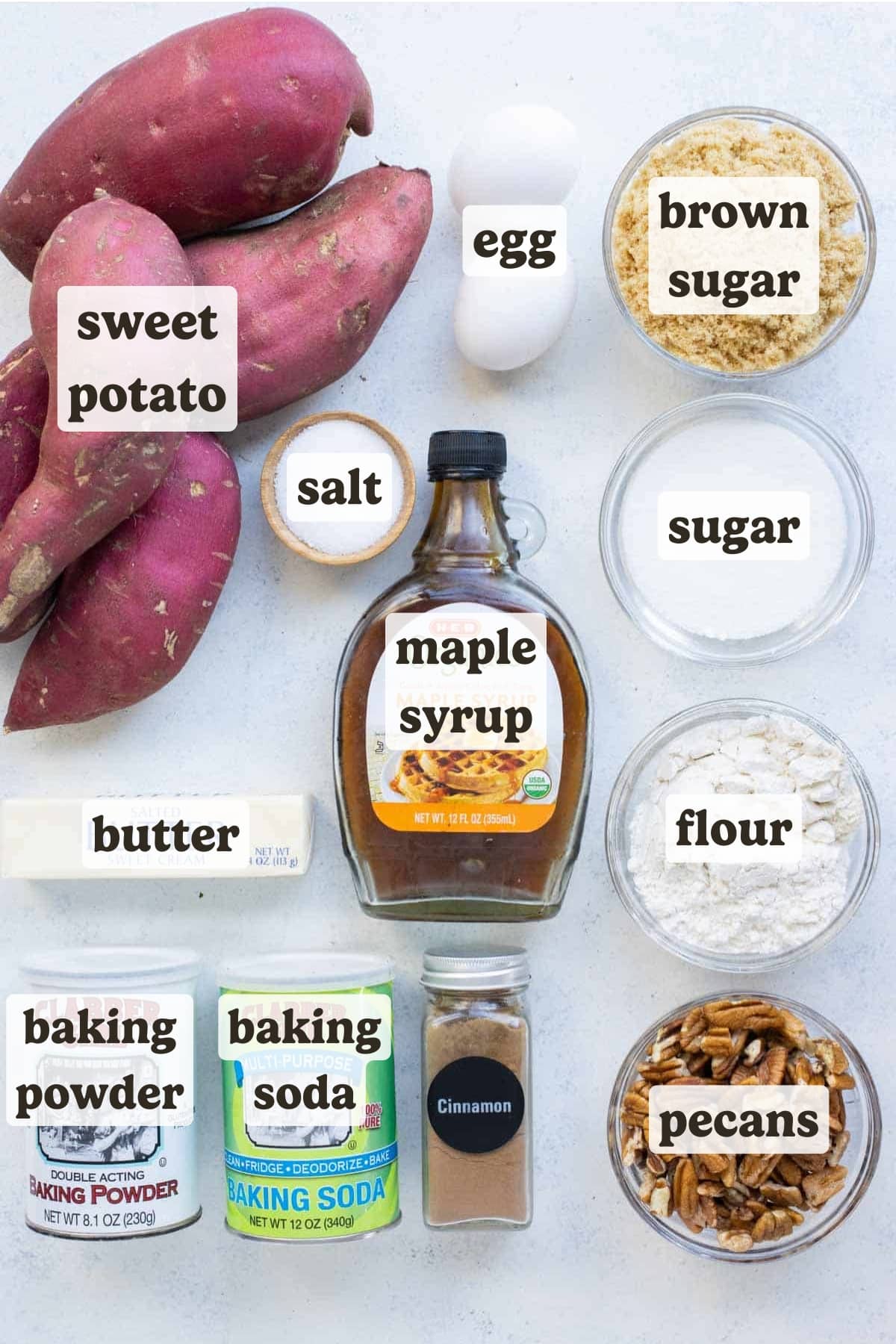 Sweet potatoes, butter, maple syrup, cinnamon, and pecans are the ingredients.