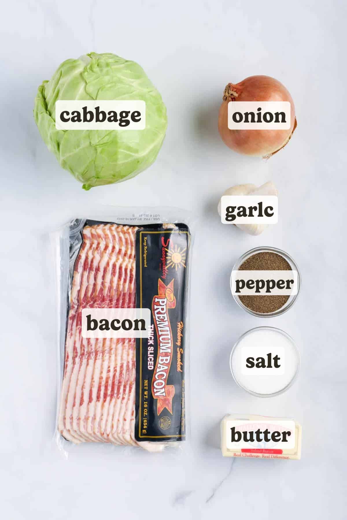 The ingredients for fried cabbage with bacon.