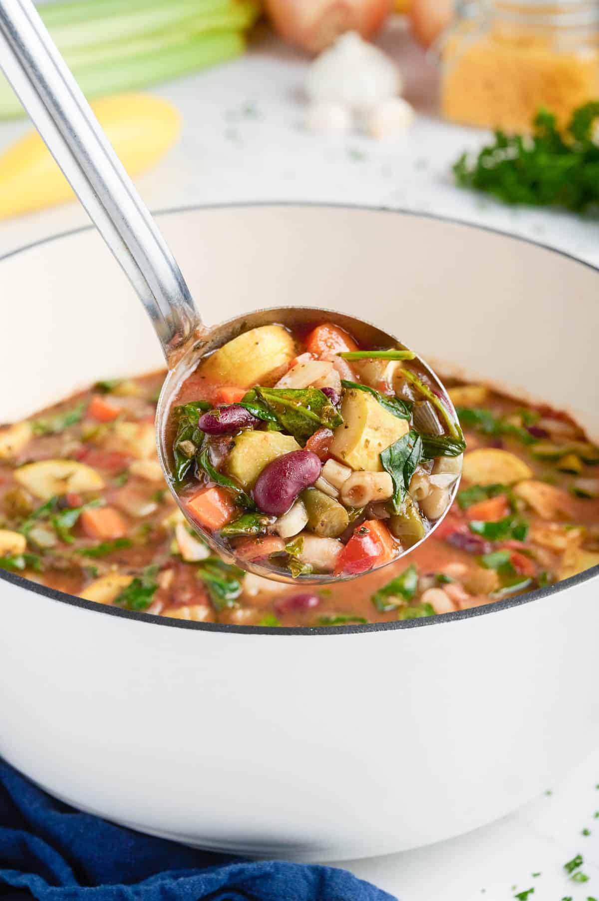 A ladle-full of copycat Olive Garden Ministrone Soup. 