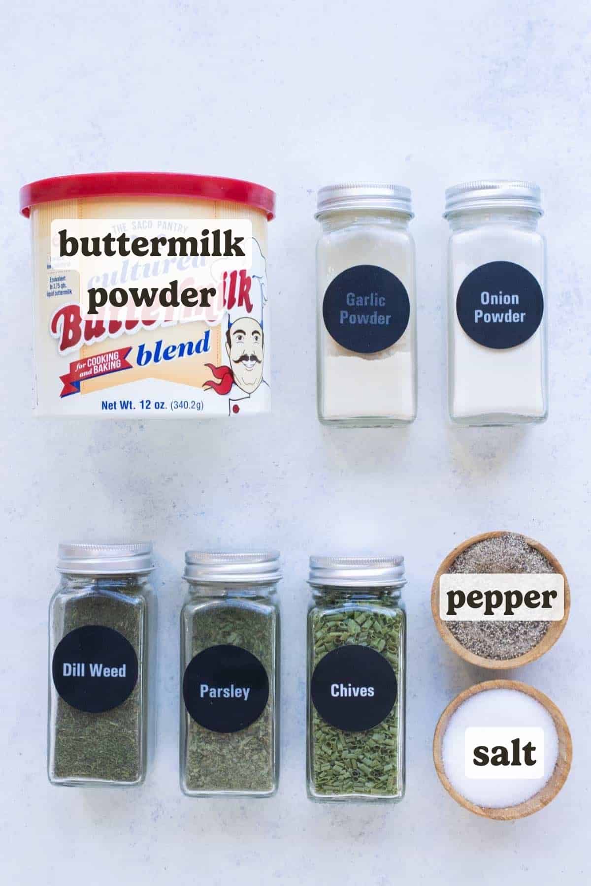 Dried buttermilk, dill, parsley, garlic, and onion are the ingredients for this spice blend.