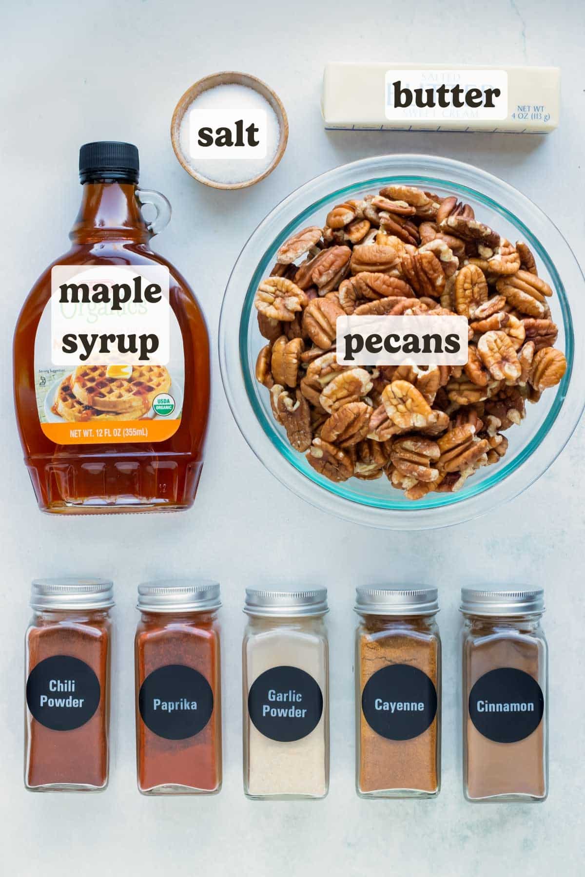 Butter, pecans, spices, and maple syrup are the ingredients used for this recipe.