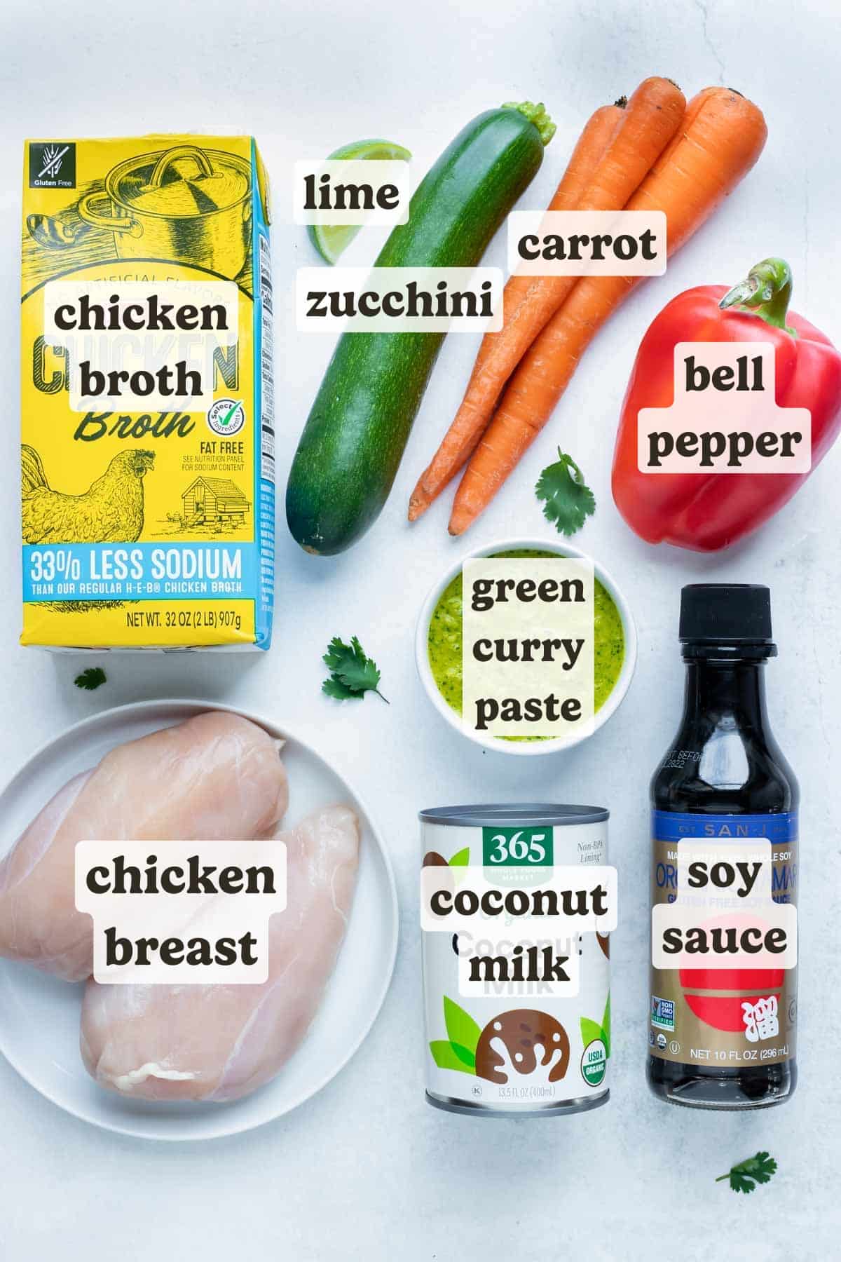 Chicken, carrots, bell peppers, soy sauce, green curry paste, coconut milk, and other ingredients are used to make Green chicken curry.