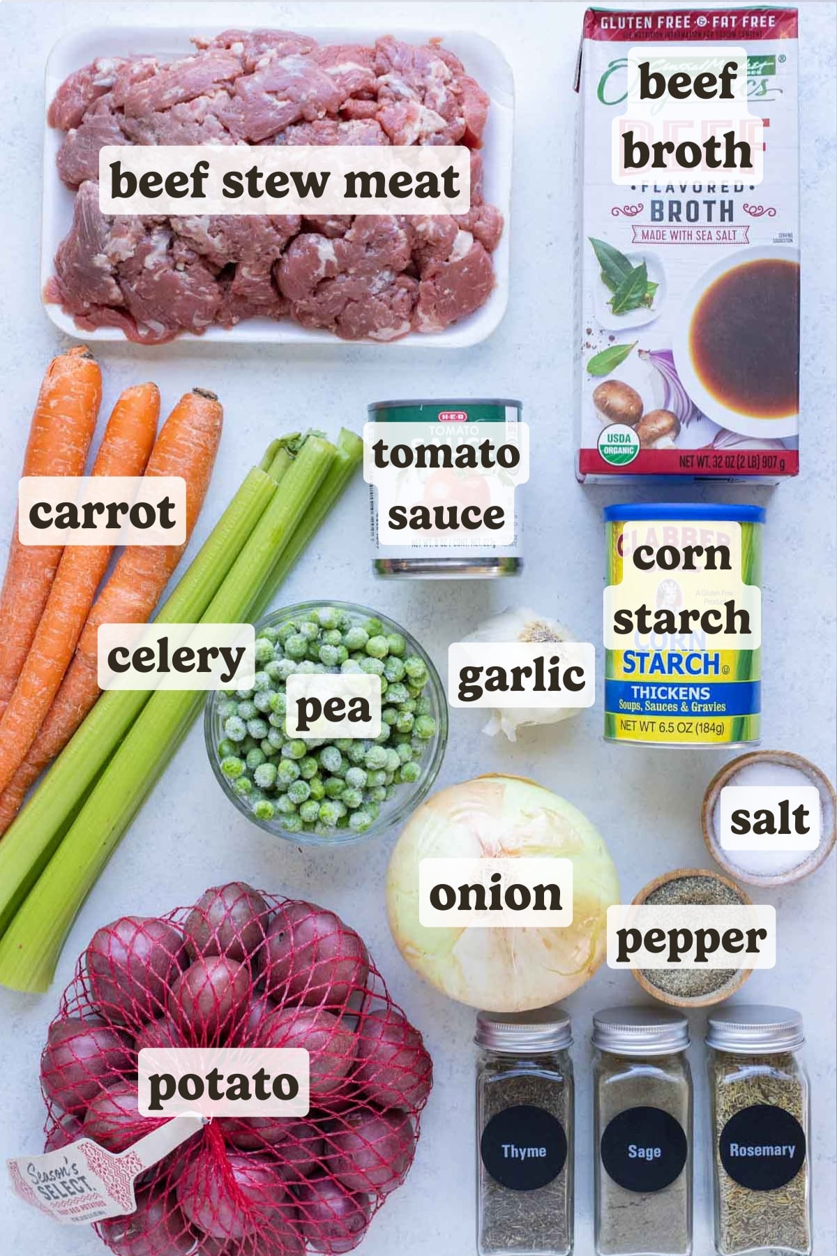 Carrots, celery, potatoes, onion, peas, beef, cornstarch, beef broth, and canned tomatoes are the ingredients for this recipe.