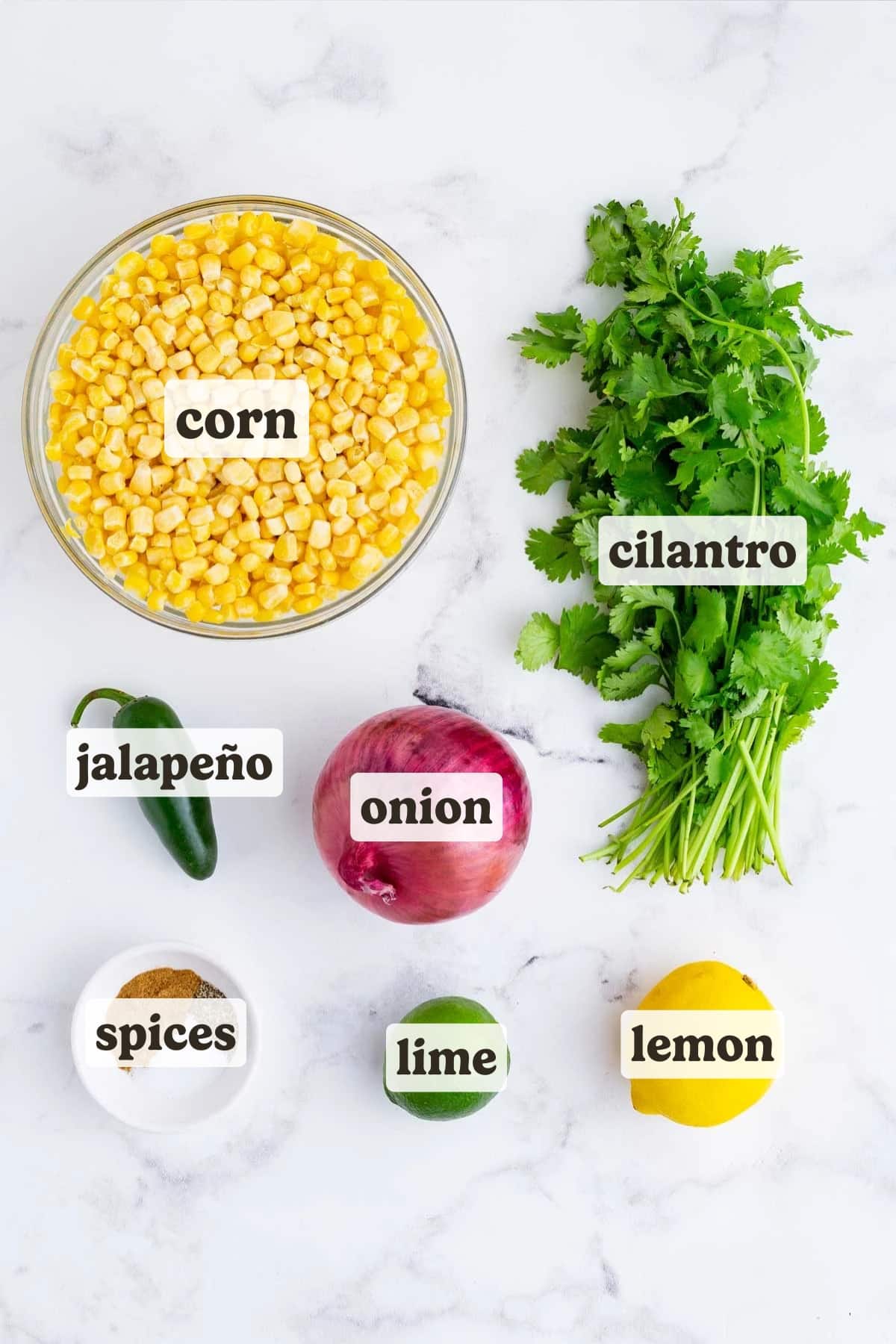 Corn, cilantro, onion, lemon, lime, and seasonings are the ingredients for this corn salsa recipe.