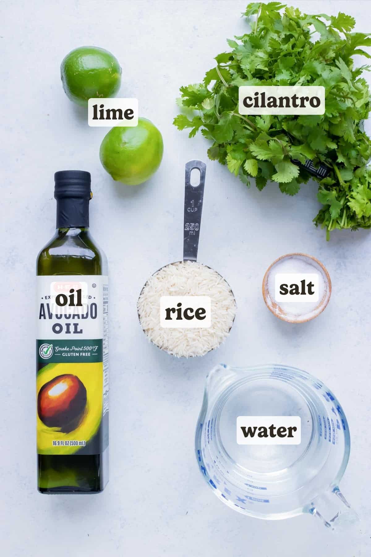 Oil, water, rice, salt, cilantro, and lime are the ingredients in this recipe.