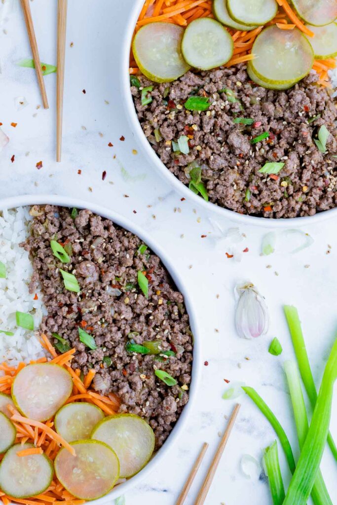 Two bowls of Korean beef are served for a quick dinner.