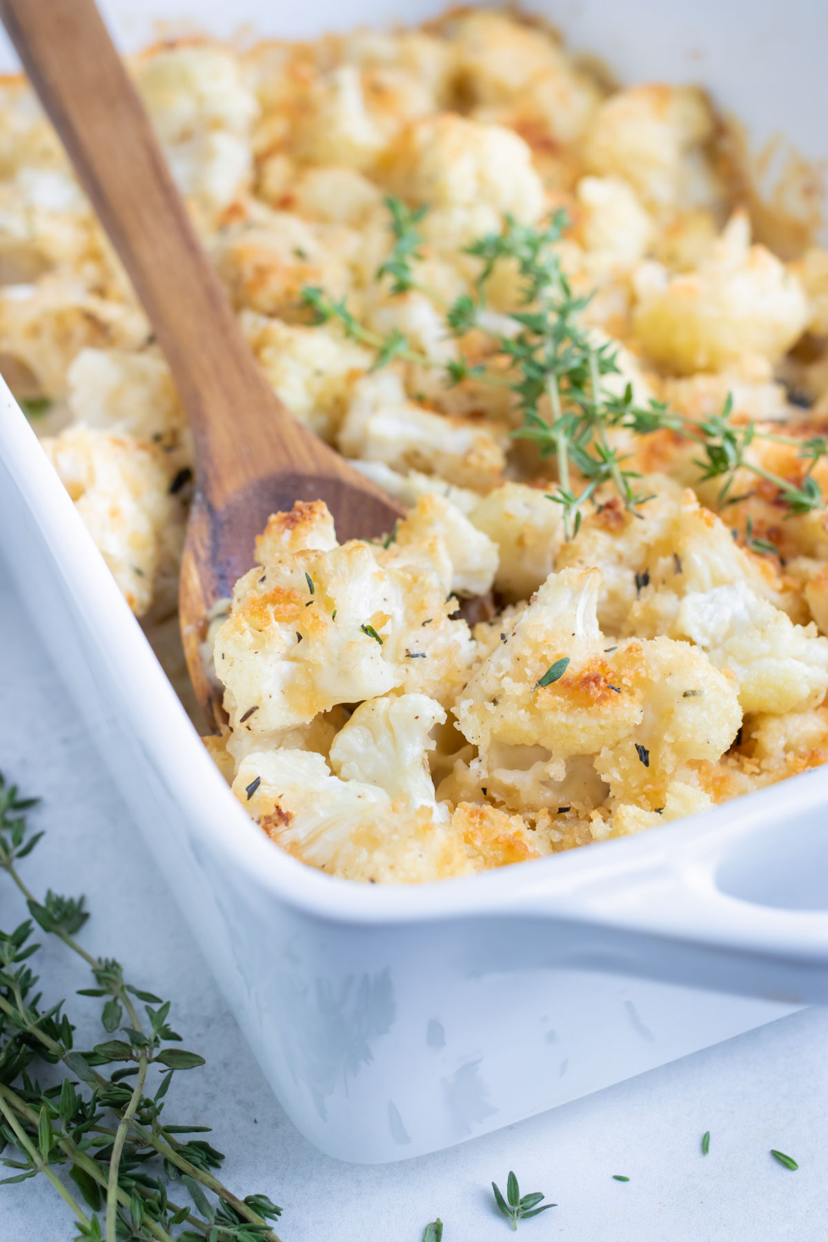 Cauliflower gratin has a golden brown topping and served for a healthy side.