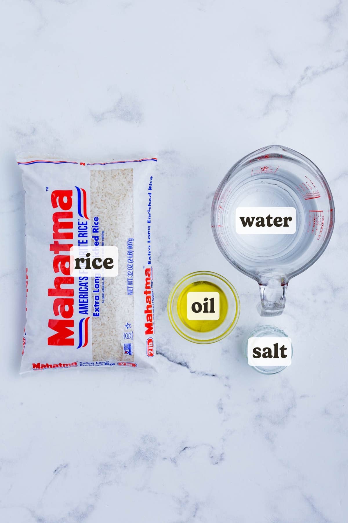 White rice, water, oil, and salt are the ingredients for this dish.