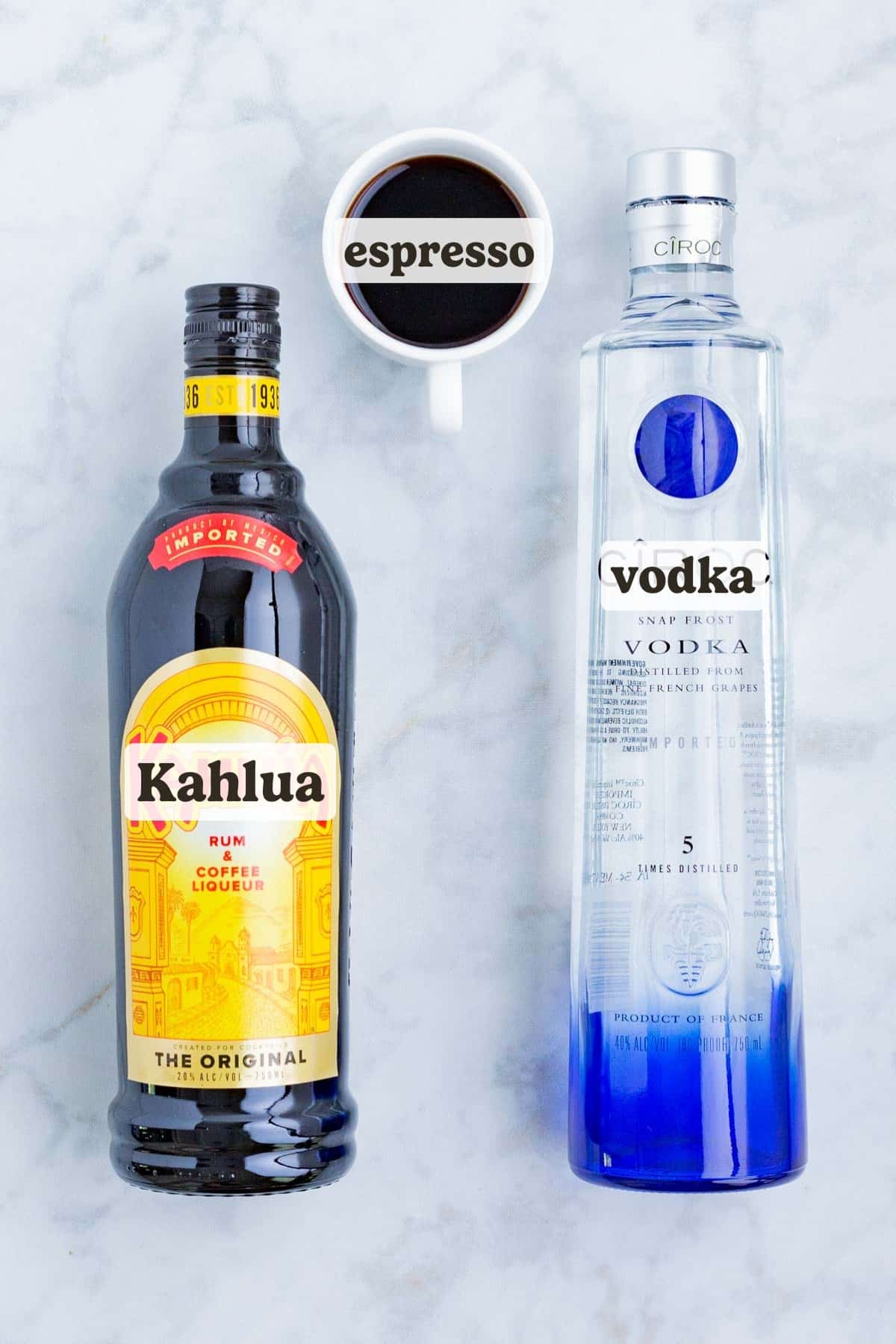 Vodka, coffee, and Kahlua are the ingredients for this drink.