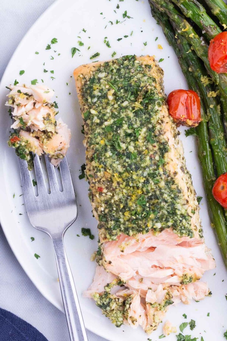 Sheet Pan Pesto Salmon and Asparagus - Evolving Table