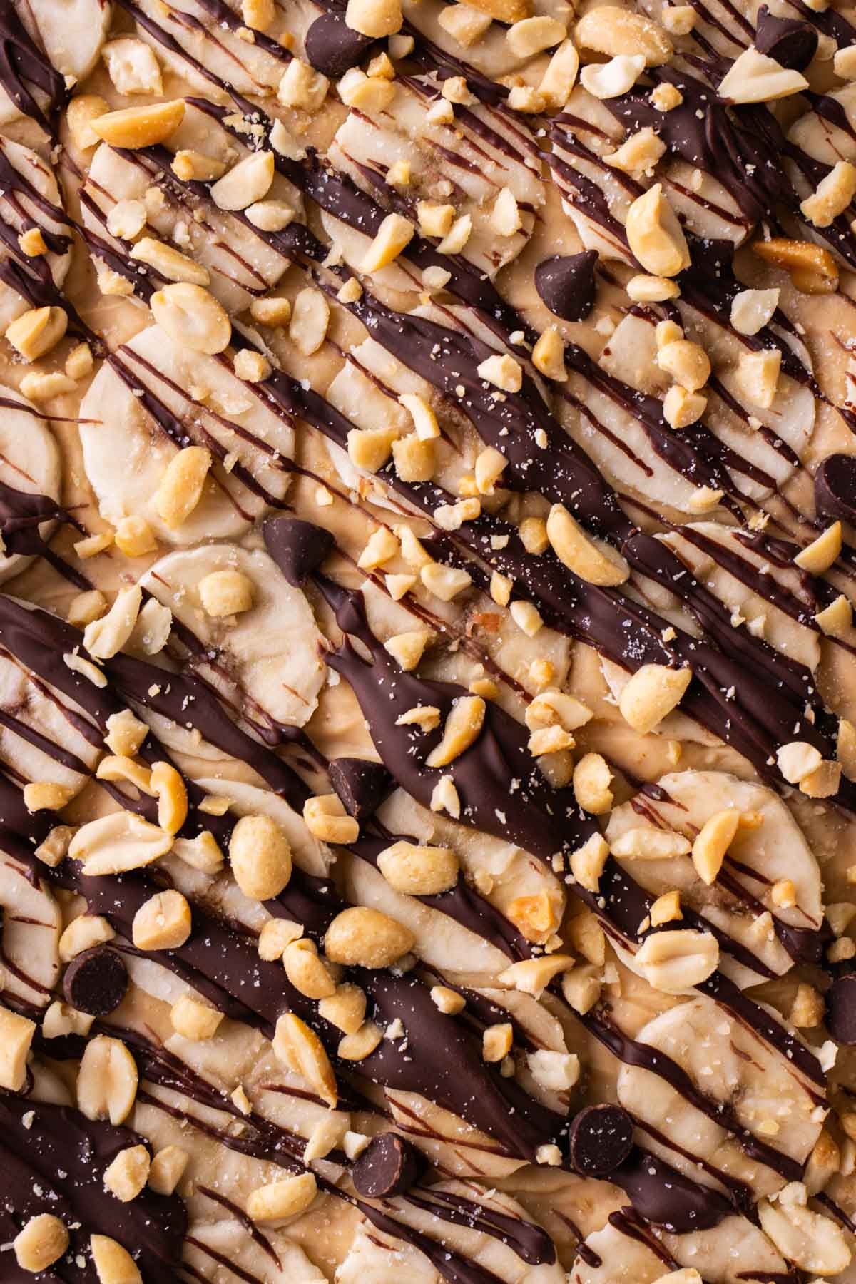 Chunky monkey frozen yogurt bark is topped with bananas, chocolate, and peanuts.