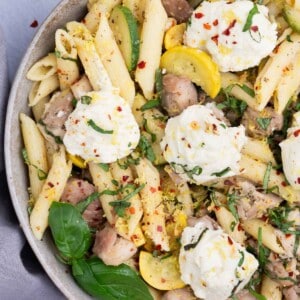 A lemon ricotta pasta is in a bowl with chicken.