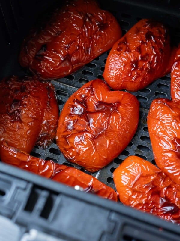 Bell peppers are roasted in an air fryer.