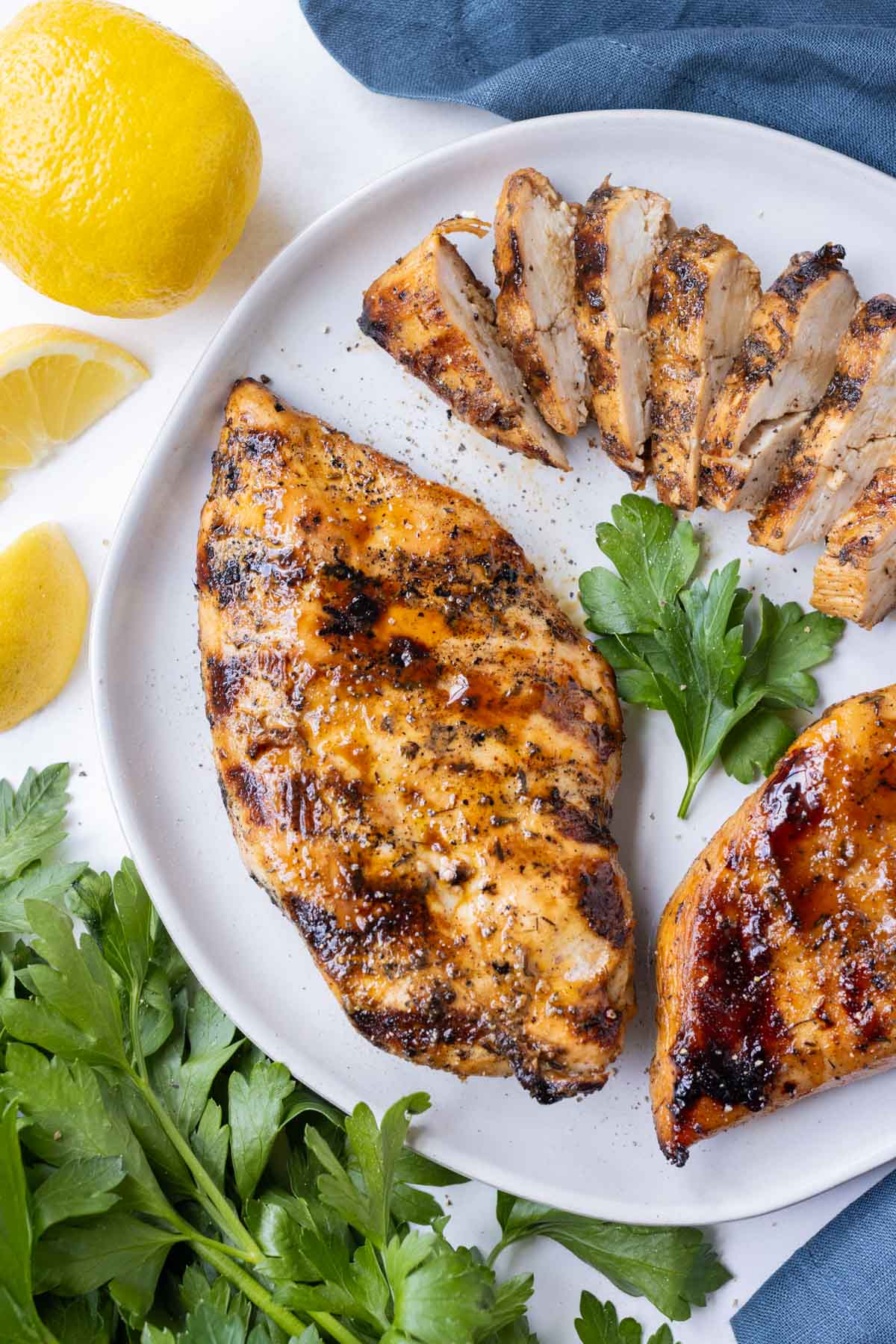 Chicken breast is marinated in a balsamic glaze and grilled.
