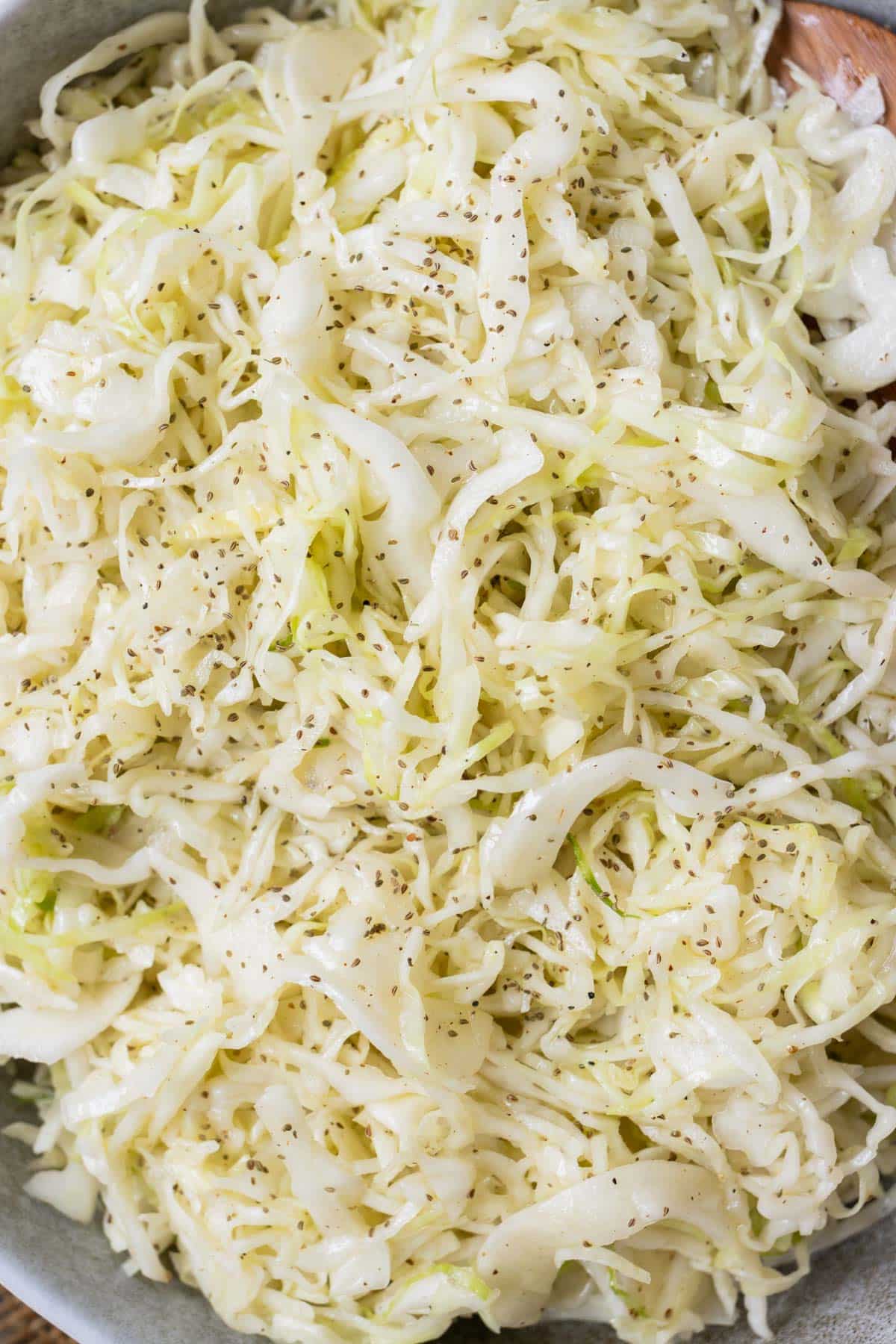 Shredded cabbage is flavored with a apple cider vinegar dressing.