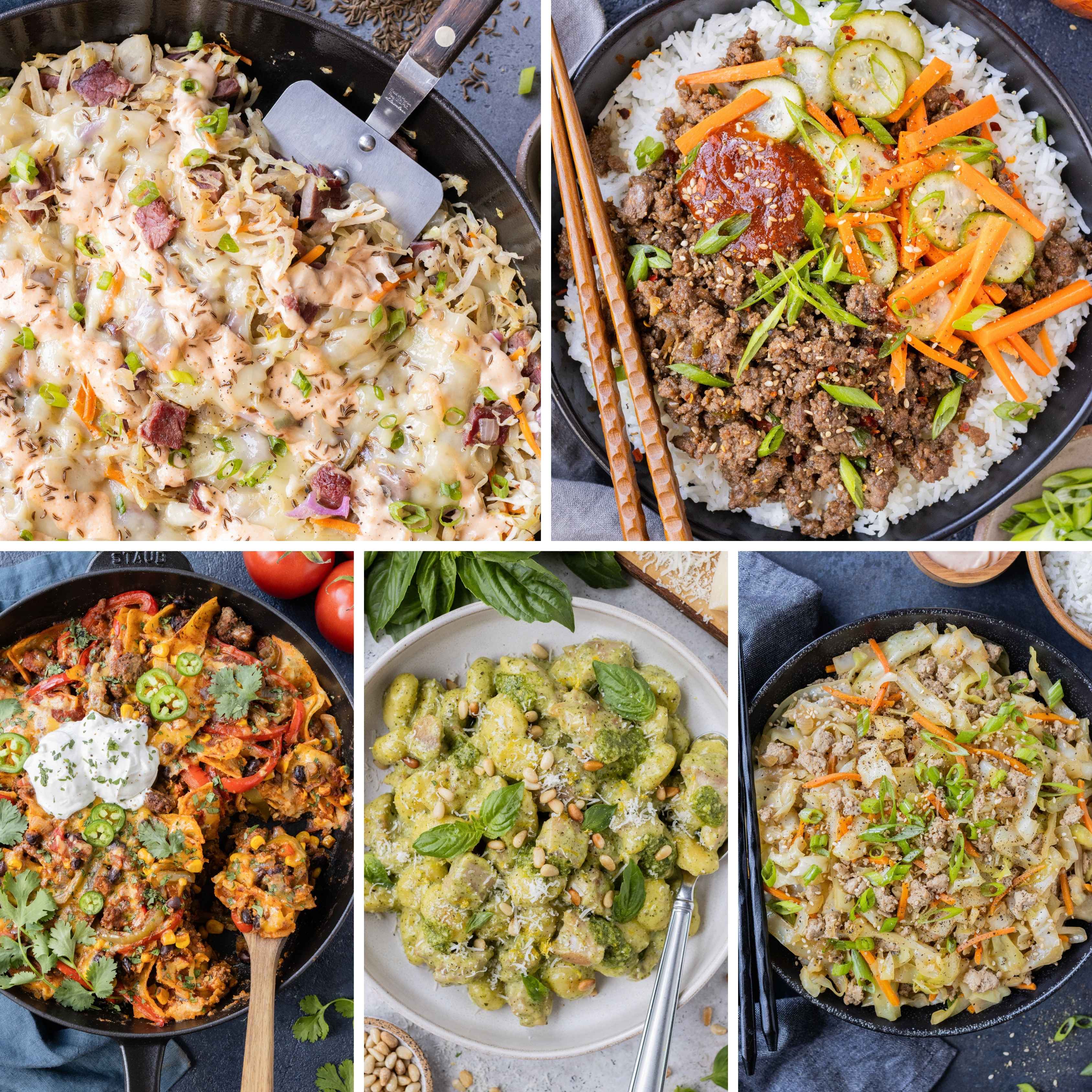 A collage image of five different weeknight dinner recipes made in one skillet.