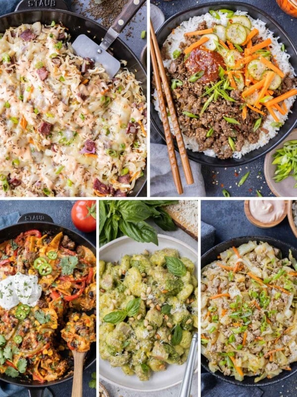 A collage image of five different weeknight dinner recipes made in one skillet.