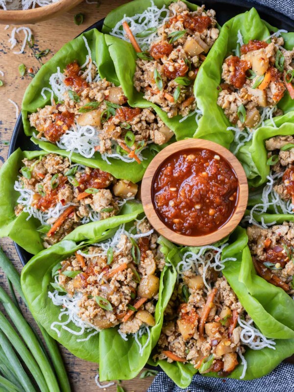 Copycat PF Change's Chicken Lettuce Wraps are plated for a healthy lunch.