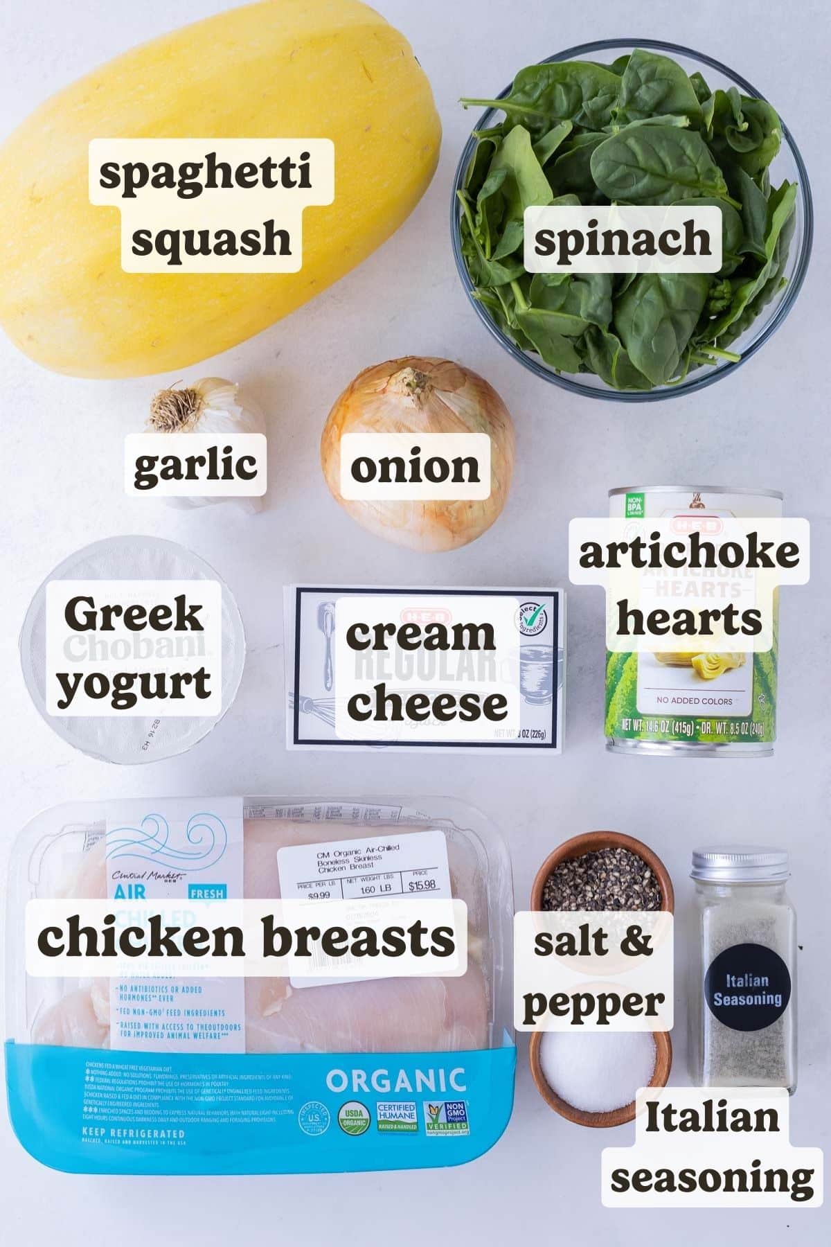 A few ingredients needed for Spaghetti Squash stuffed with Spinach and Artichoke.