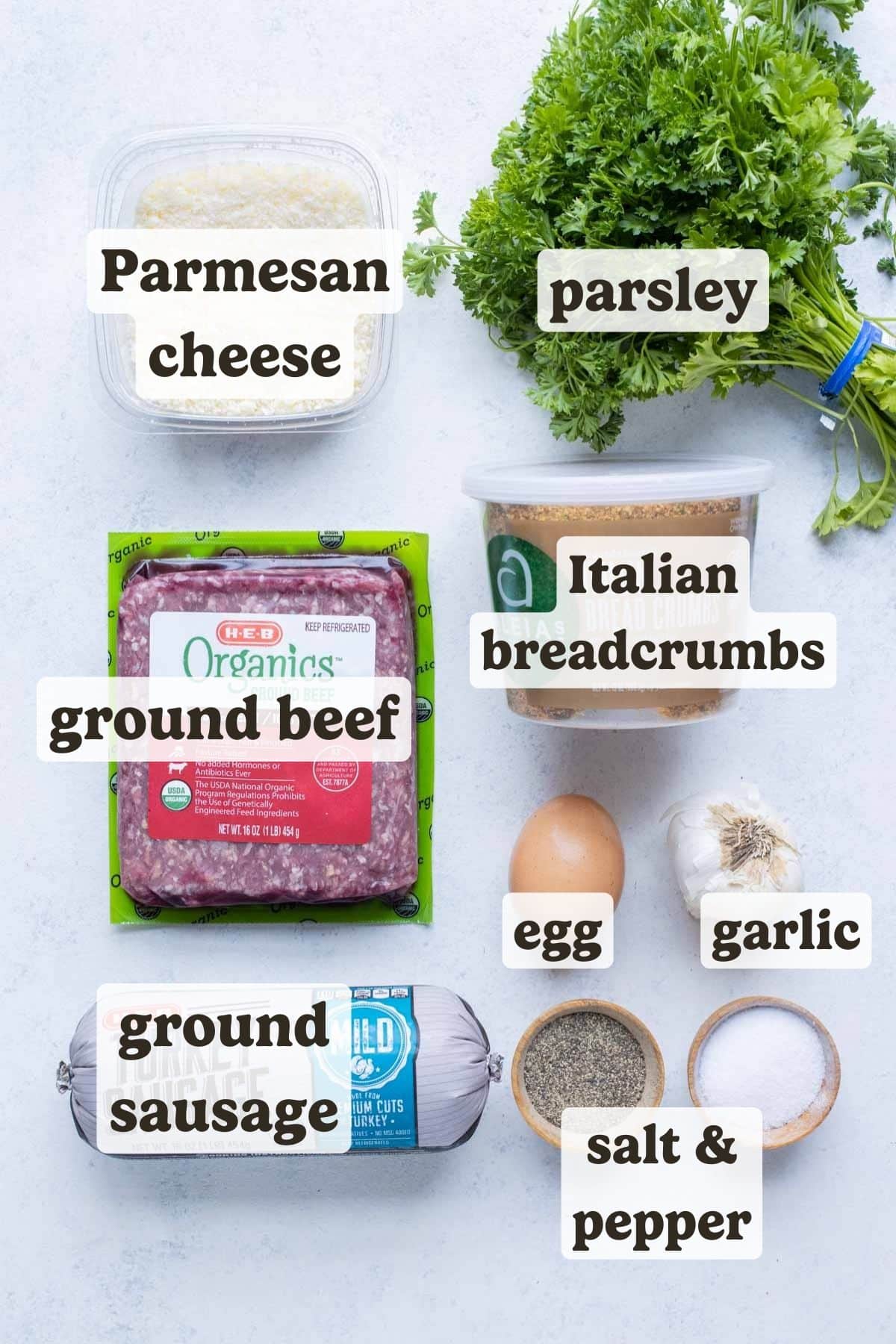 Ground beef, breadcrumbs, parsley, egg, parmesan, garlic, salt, and pepper are the ingredients for the meatballs in this soup.